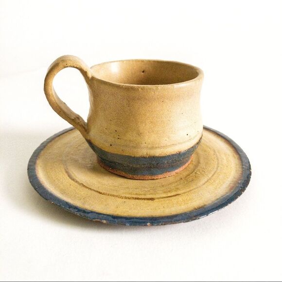 Hand Thrown Artisan Pottery Coffee Cup & Saucer - Picture 1 of 8